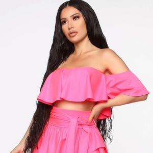 Neon top flounce off shoulder top